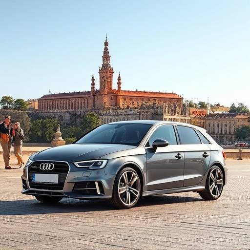 Audi A3 Sportback S line gris, con la Torre del Oro al fondo.