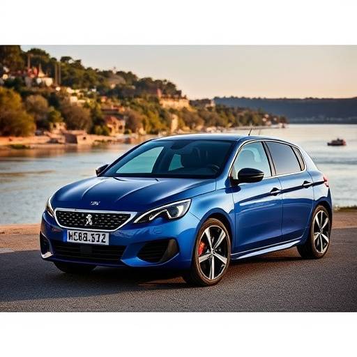 Foto de un Peugeot 308 Allure Pack azul, con el río Guadalquivir a la derecha.