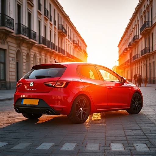Fotografía de un Seat León FR rojo, aparcado en el centro de Sevilla.