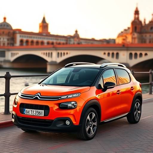 Imagen de un Citroën C4 Cactus naranja, con el Puente de Triana al fondo.