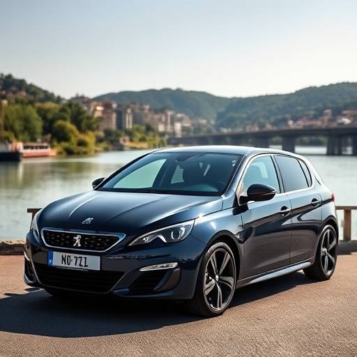 Imagen de un Peugeot 308 azul oscuro, frente al río Guadalquivir.