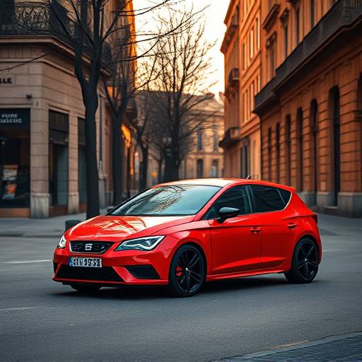 Imagen de un Seat León FR rojo, estacionado en una calle de Sevilla.