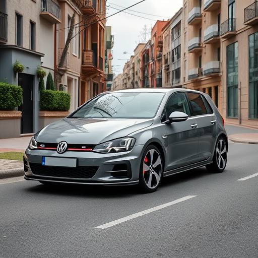 Imagen de un Volkswagen Golf GTI gris, en una zona moderna de Sevilla.