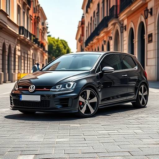 Imagen de un Volkswagen Golf GTI negro, en una calle con edificios modernos de Sevilla.